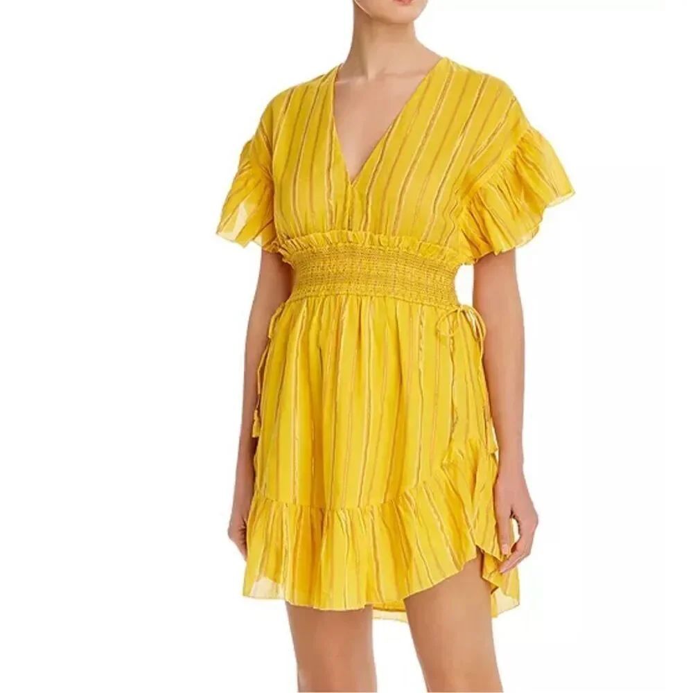 Saylor Adrianne Ruffle-Sleeve Mini Dress Yellow Metallic Size XS